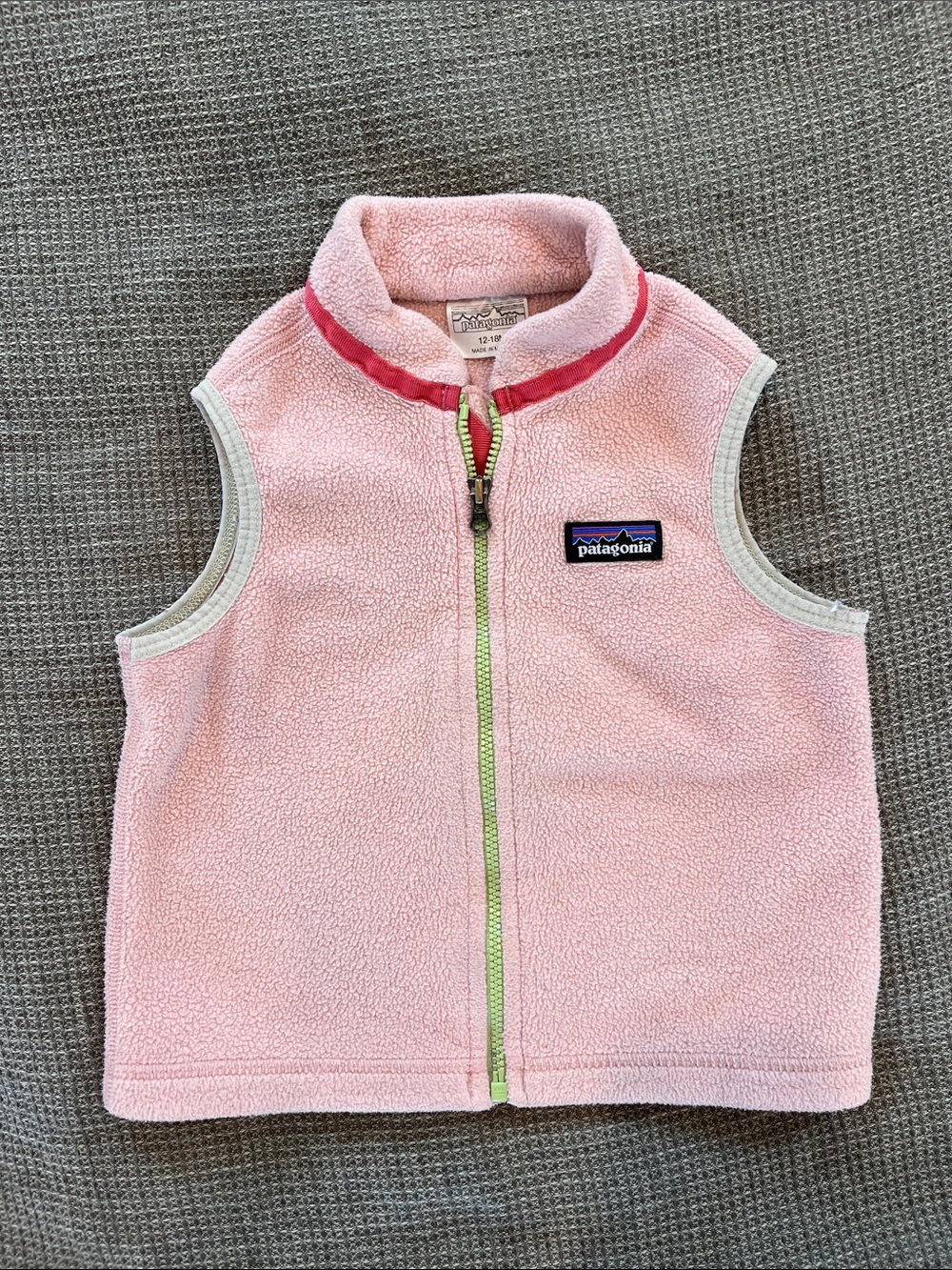 Patagonia Kids Pink Fleece Vest with Lime Zipper Accent